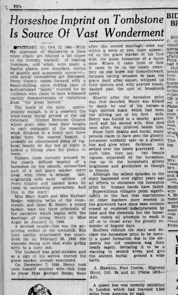 The 1928 article by the Telegraph Forum newspaper, relaying the earliest known printed retelling of the Horseshoe Grave tale.