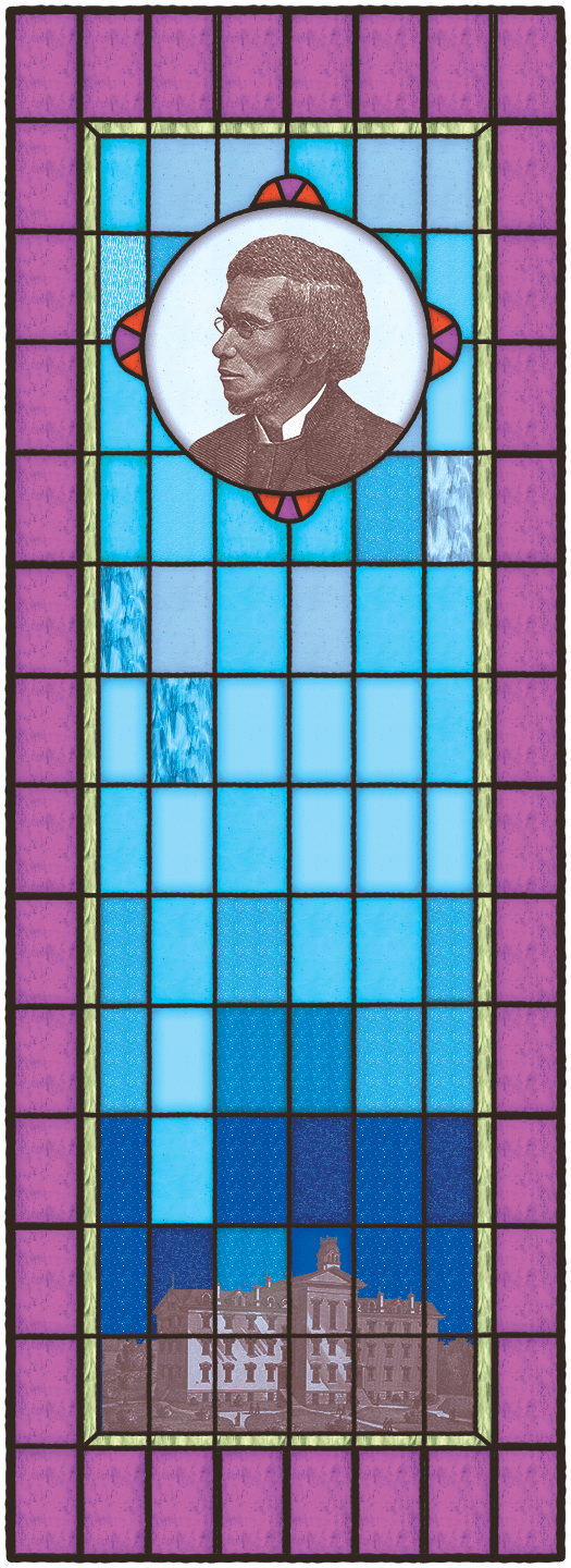 Stained glass window featuring an image of Bishop Daniel Payne and Wilberforce University. The glass is green, purple, and blue. 