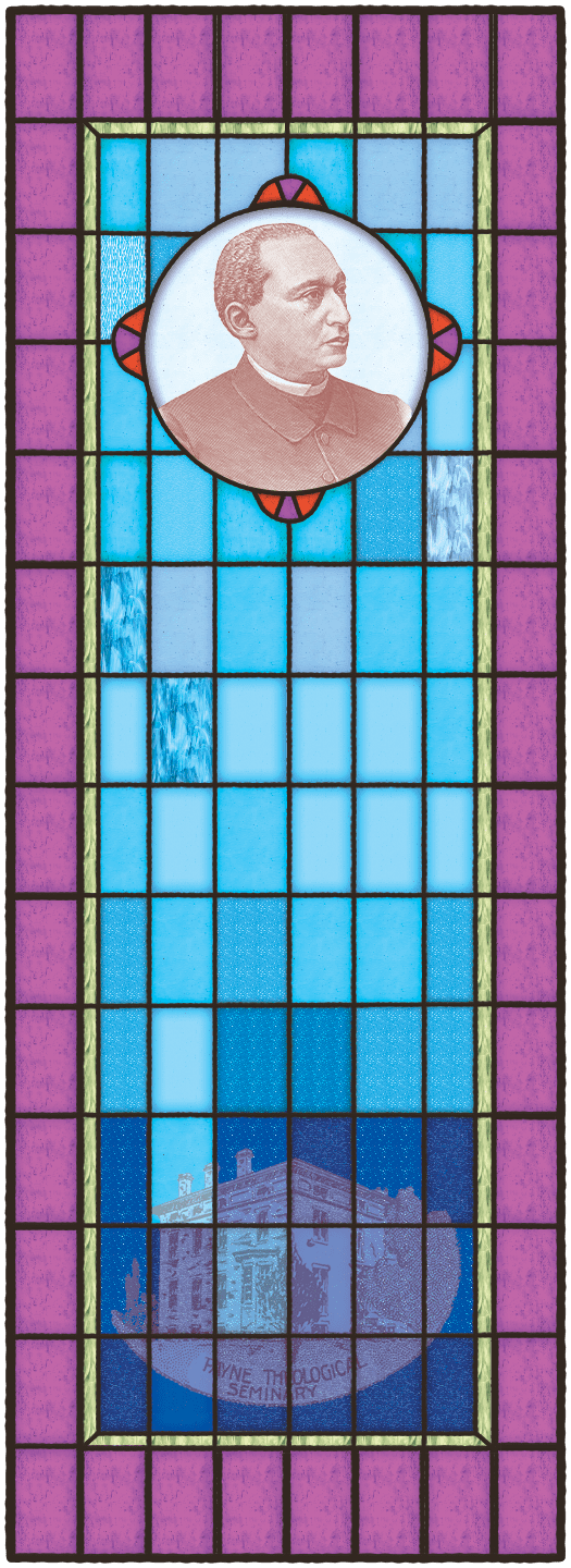 Stained glass window featuring an image of Bishop Daniel Payne and Wilberforce University. The glass is green, purple, and blue. 