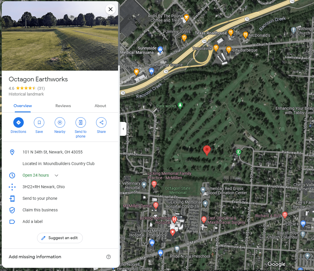 Google Map Satellite view showing the location of the Octagon Earthwork in Newark, Ohio.