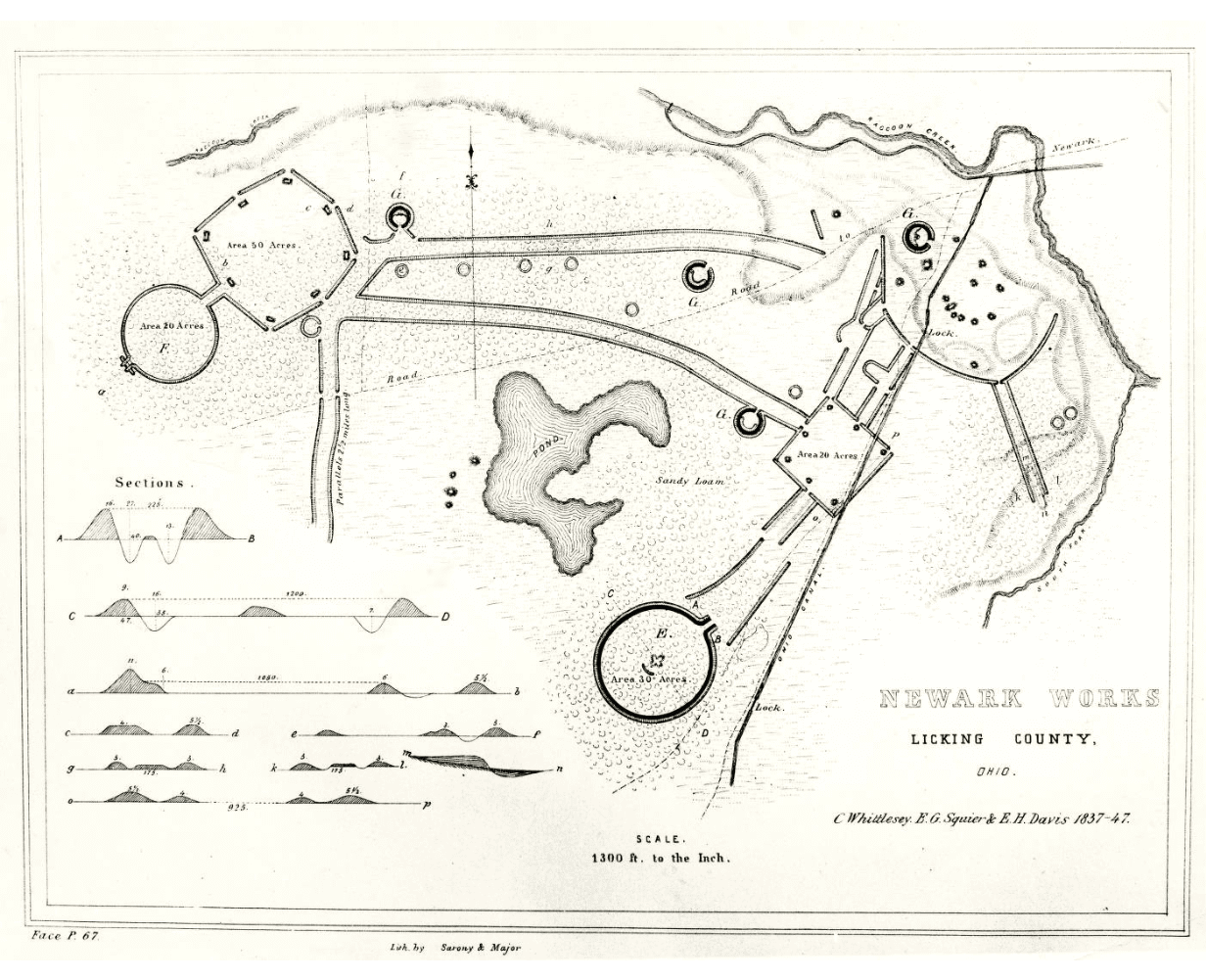 Squier and Davis 1947 map showing the full extent of the Newark Earthwork complex.