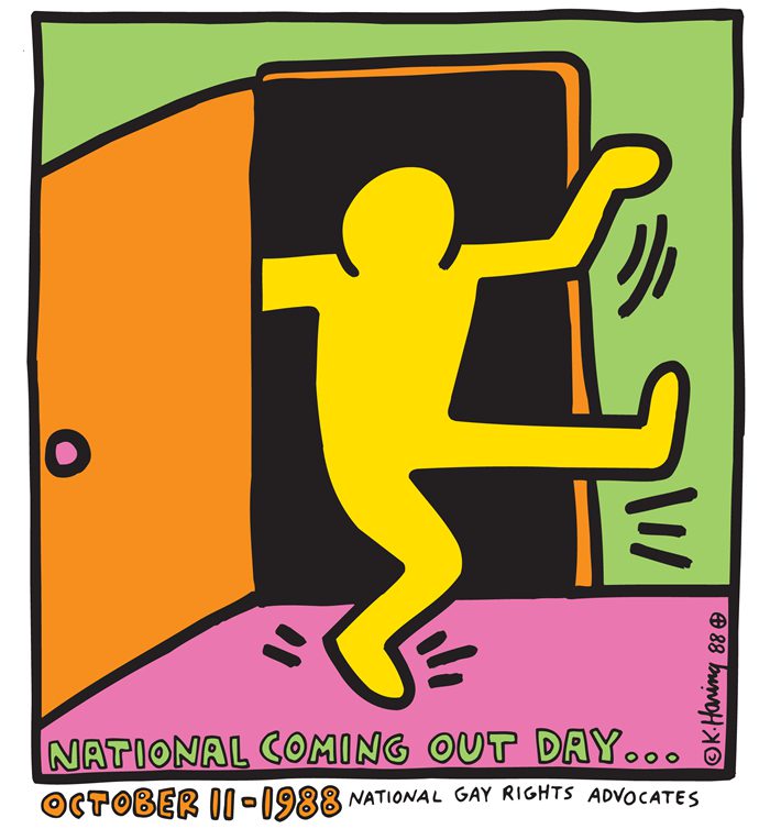 An image of Keith Haring's 1988 art piece of an individual "coming out of the closet," for National Coming Out Day