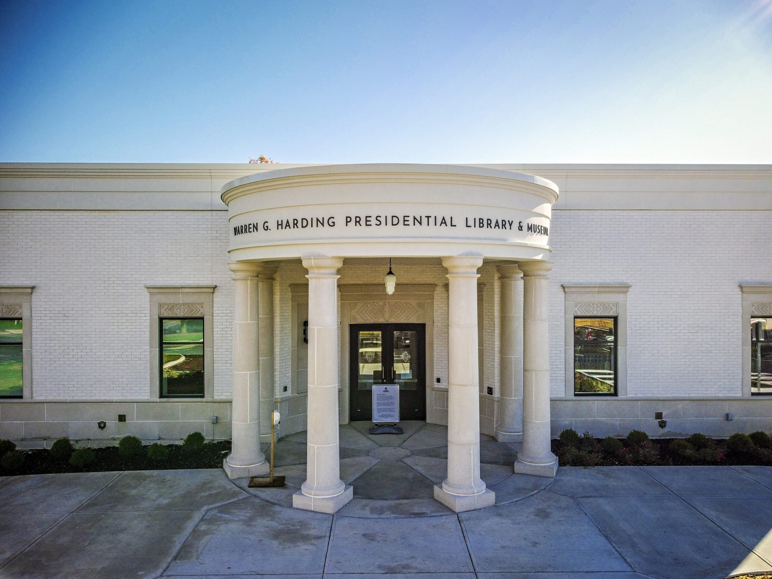 The Warren G. Harding Presidential Library and Museum, a large white building, photographed Tuesday, October 13, 2020 in Marion, Ohio.