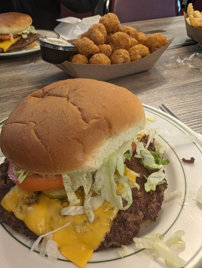 Image of a burger with meat, cheese, shredded lettuce, and tomato.