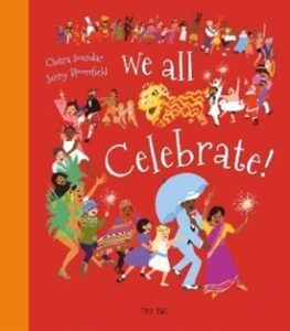 The cover for the book We All Celebrate features a red background with a line of people from all over the world, wearing different clothes and dress.