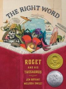 A red thesaurus is open with many objects like a skull, globe, feather and more spilling out from behind it.