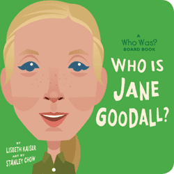 A caricature of Jane Goodall is set against a bright green background.