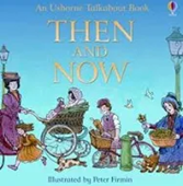 Book cover of Then and Now, with a bright blue background. A woman pushes a stroller with two children running alongside her as another woman feed birds nearby.