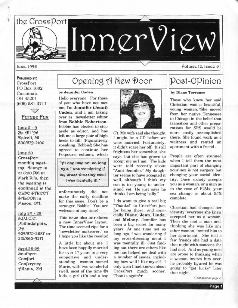 An image of the front page of the CrossPort June 1996 newsletter, InnerView from volume 12, issue 6