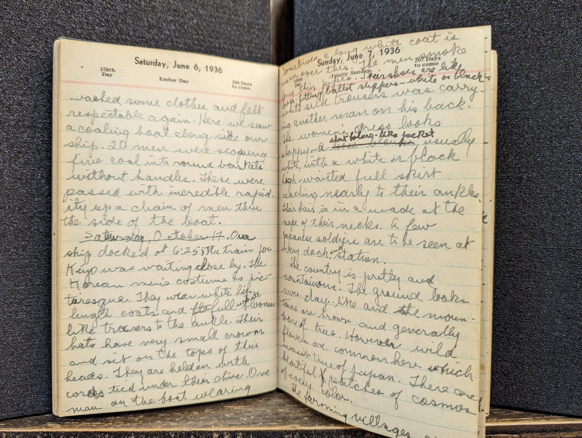 A picture of an open diary displaying handwritten text. The pages are yellowing with age.