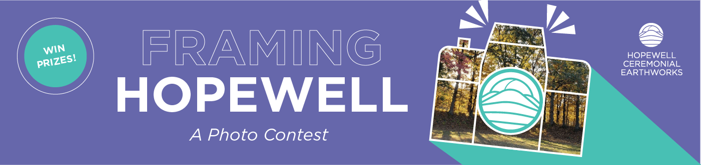 Banner with text reading "Framing Hopewell: A Photo Contest". Banner includes a purple background with teal accents, and a camera graphic.