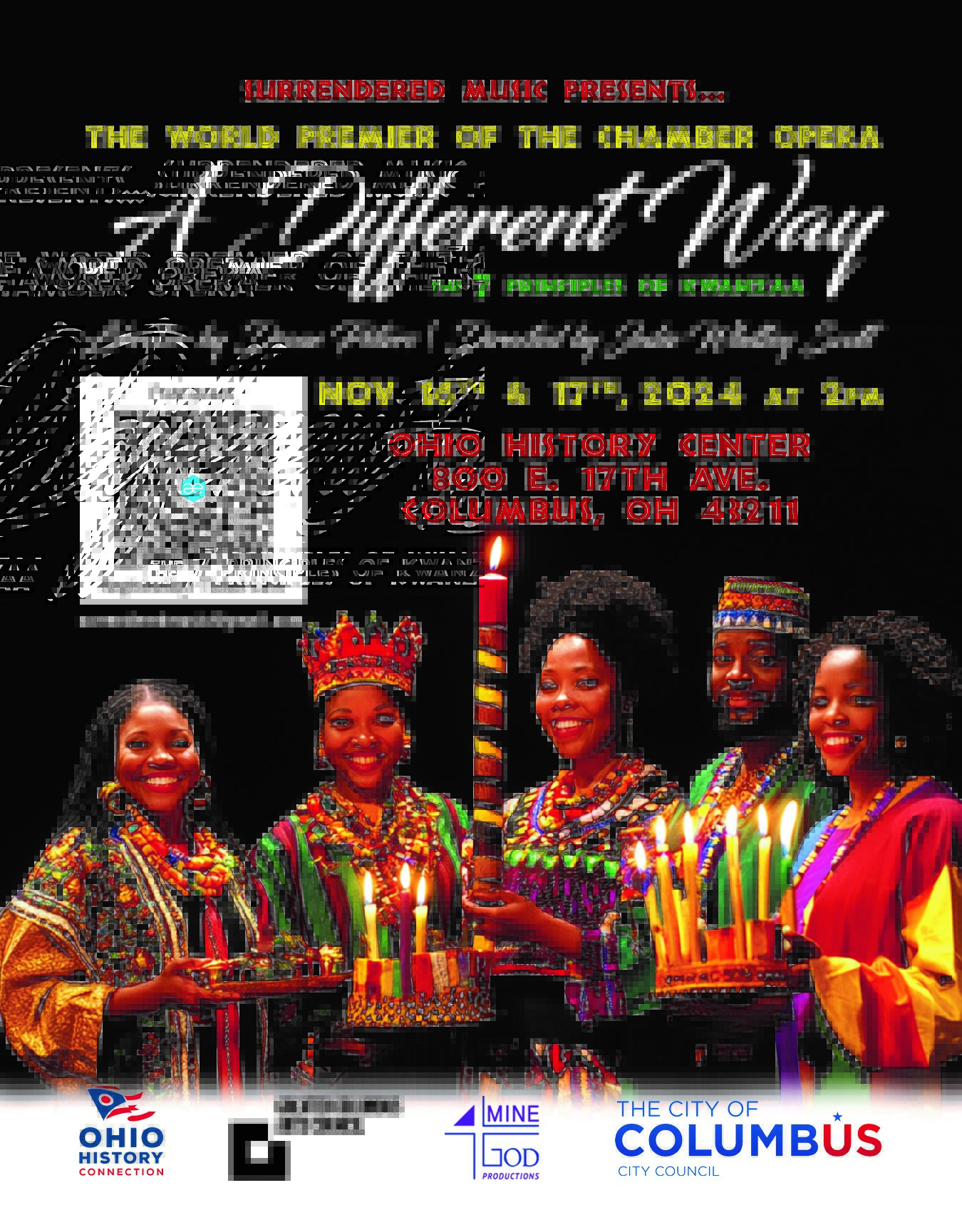 Poster featuring "A Different Way: The 7 Principles of Kwanzaa" cast members and event details, as well as a QR code.