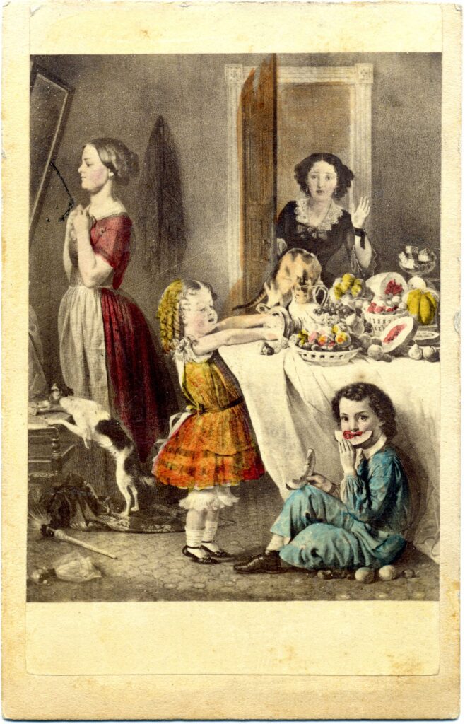 Colored image of a nineteenth-century dining room. Two young children and a cat gorge themselves on the food from the table while an older girl examines herself in a wall mirror, oblivious to the scene behind her. A woman is entering the room from a doorway in the background, a look of surprise on her face.