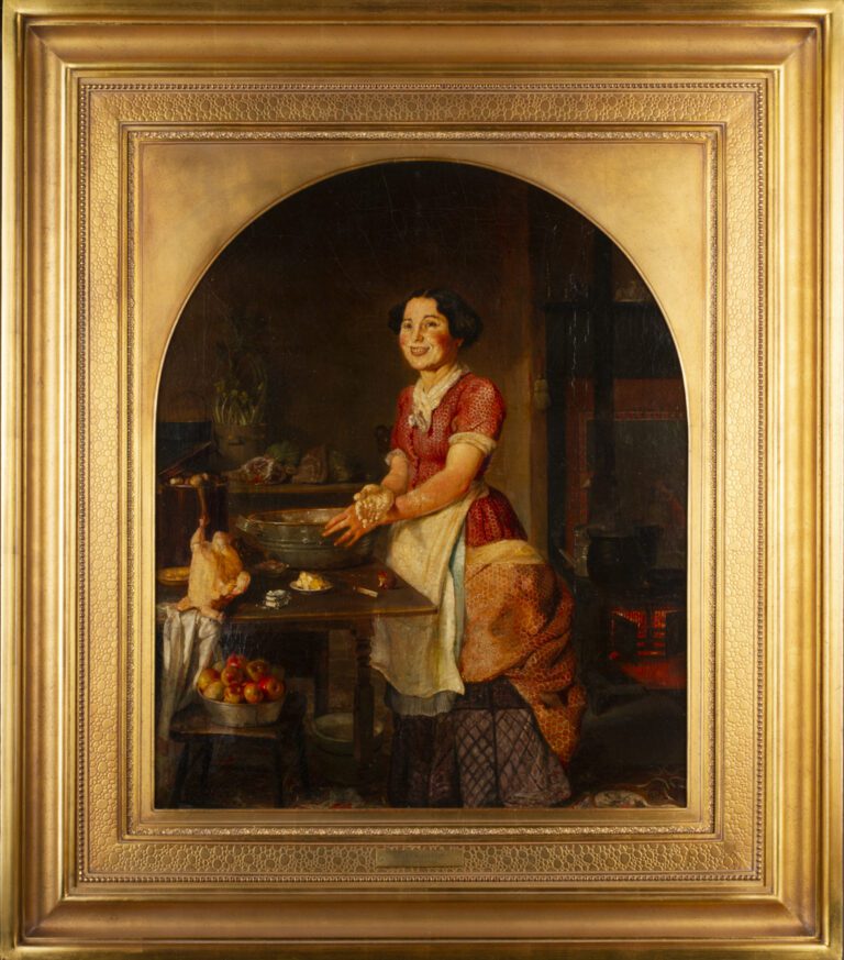 Painting in a gold frame of a smiling woman at work in a nineteenth-century kitchen who pauses her work to extend her dough covered hand to the viewer.