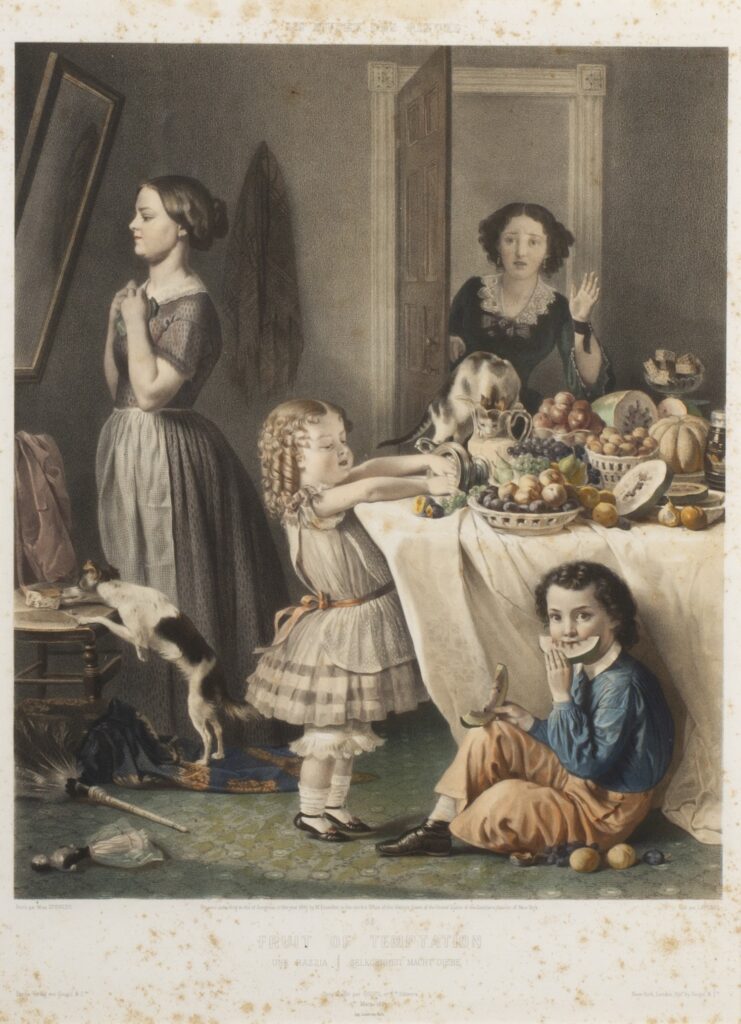 Colored print of a nineteenth-century dining room in a brown frame. Two young children and a cat gorge themselves on food from the table while an older girl examines herself in a wall mirror, oblivious to the scene behind her. A woman is entering the room from a doorway in the background, a look of surprise on her face.