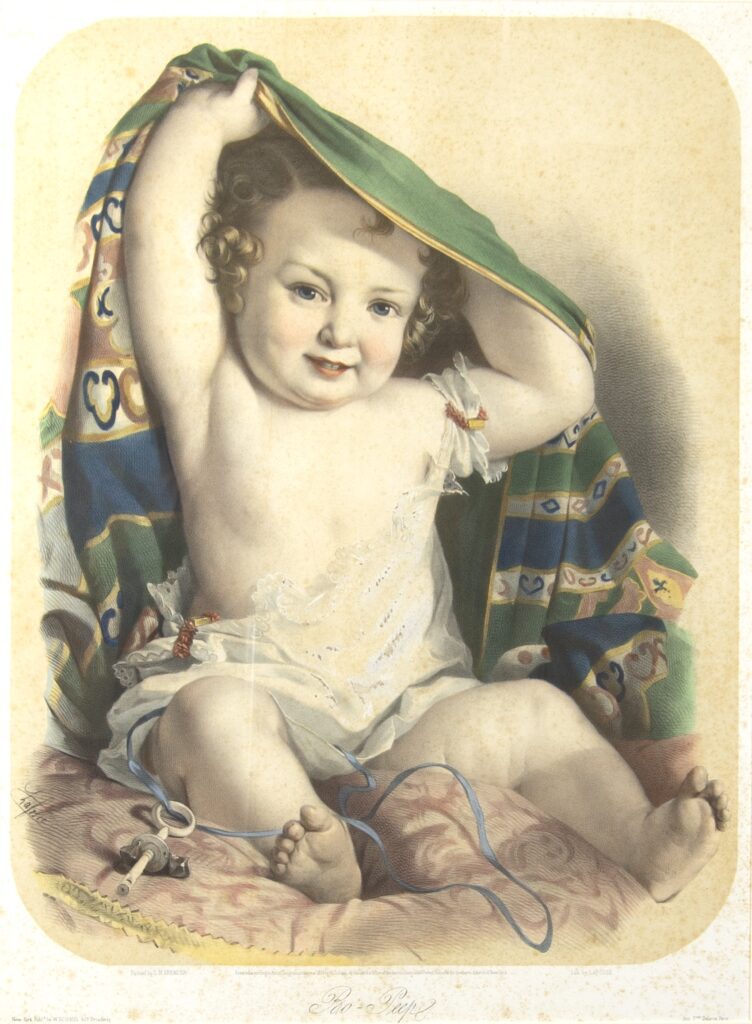 Colored image of a chubby baby sitting on a pillow pulling a blanket from behind their back and over their head.