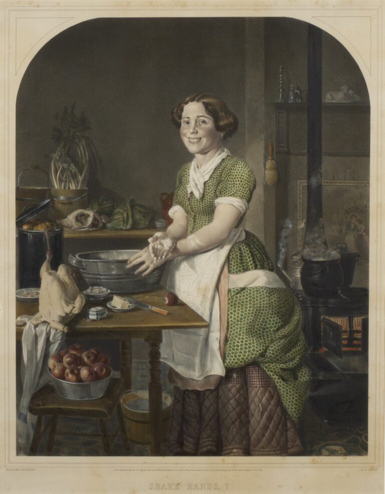 Colored print in a brown frame of a smiling woman at work in a nineteenth-century kitchen who pauses her work to extend her dough covered hand to the viewer.