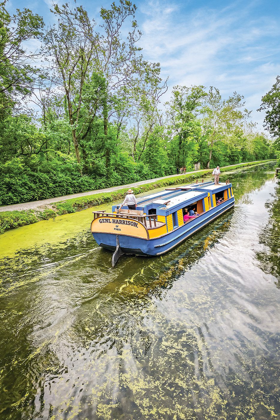 Image of the General Harrison of Piqua, historic canal boat, on the water at Johnston Farm and Indian Agency.