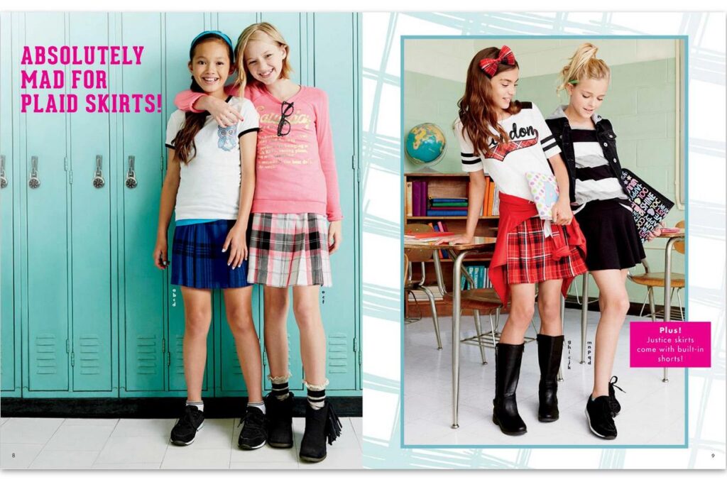 Two page spread of Justice catazine from August 2015 showing four girls in different skirt and t-shirt ensembles