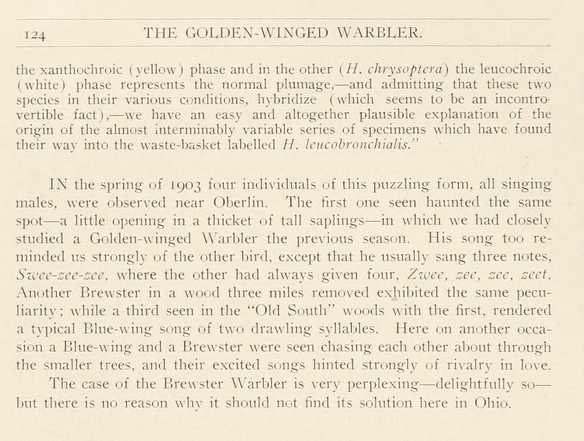 A screenshot of a historic text describing field observations of the Golden-winged Warbler