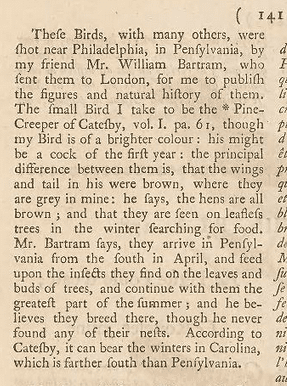 A screenshot of a historic text describing the known natural history of the "Pine Creeper"