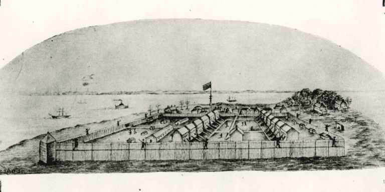 Black and white illustration of Johnson's Island in Lake Erie