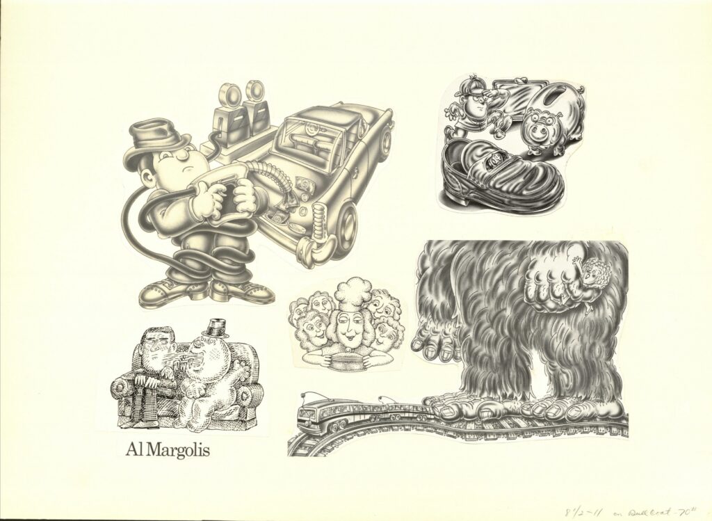 A page with five different black and white drawings featuring images of people in humorous situations. They name of the artist, Al Margolis, is in the bottom left.