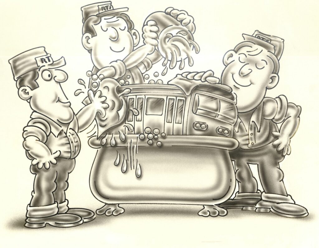 A black and white image of three men washing a bus in a bathtub. The men all have hats that say "RTA"