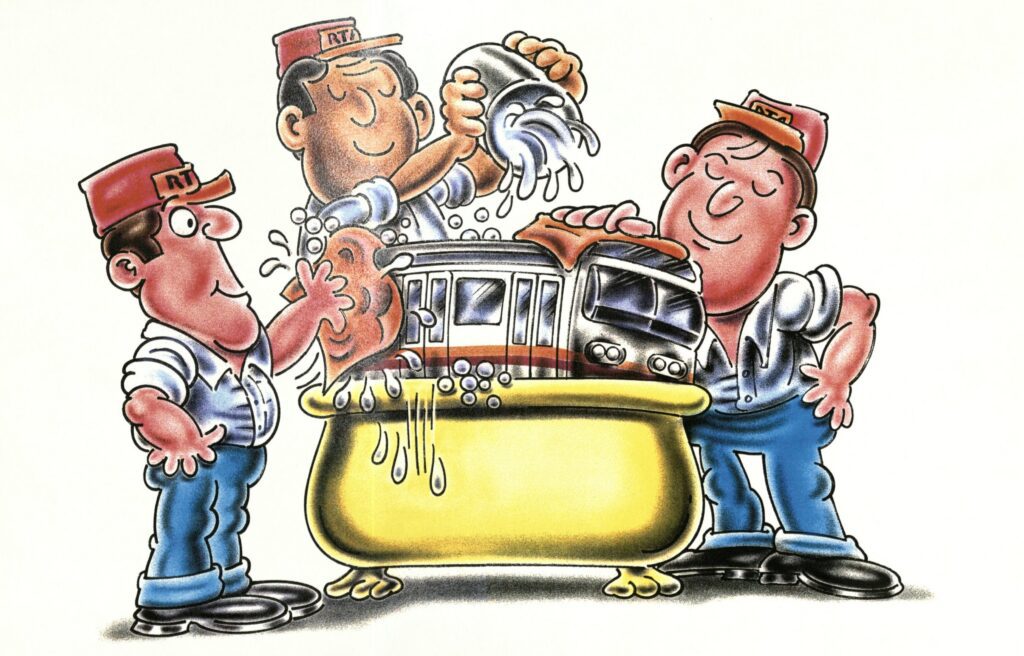 A color image of three men washing a bus in a bathtub. The men all have hats that say "RTA"
