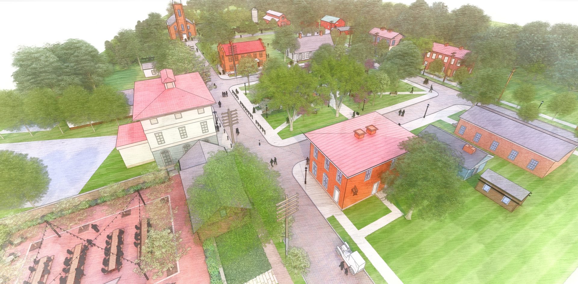 Rendering of birdseye view of Ohio Village post construction
