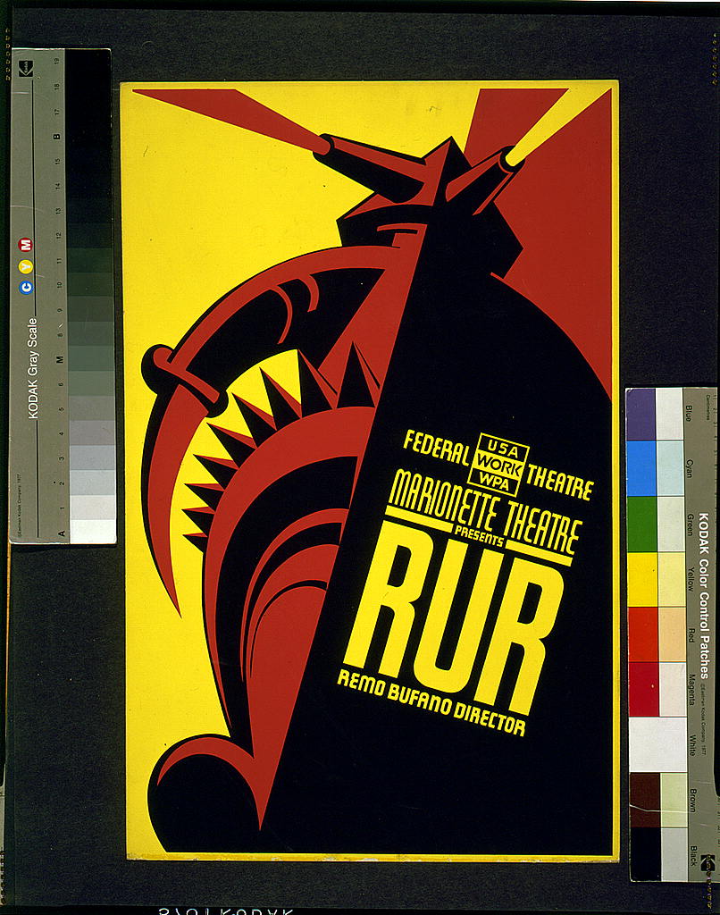 A movie poster with an abstract drawing of a robot in yellow, red, and black. Text on poster says “Federal Theatre / USA work WPA / Marionette Theatre presents RUR / Remo Bufano Director”