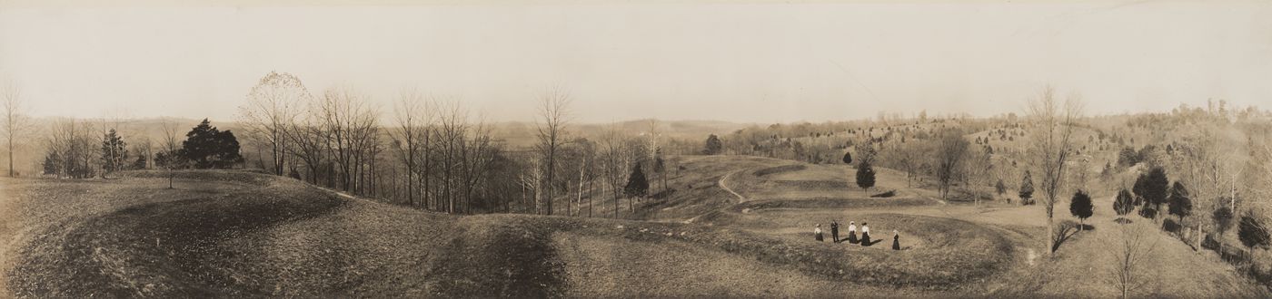 Aerial view of Serpent Mound from the Observation Tower, shortly after its construction in 1908.