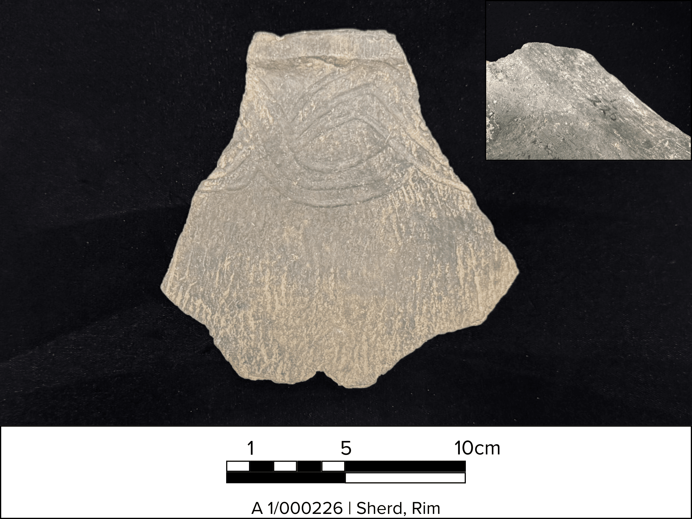 A ceramic rim sherd of jar with a guilloche design on the neck.