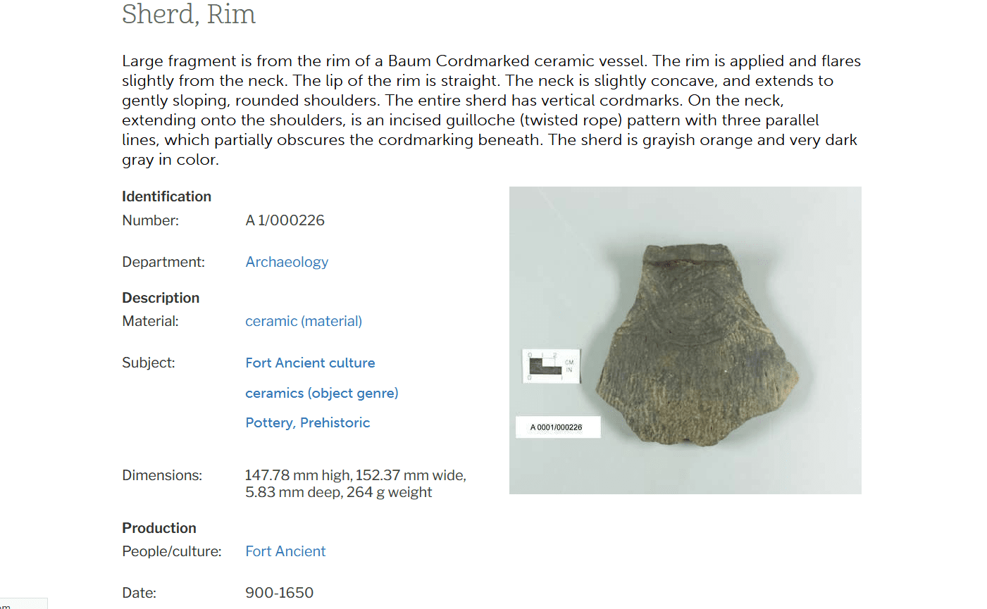Screenshot of the public browser catalog entry for a museum object