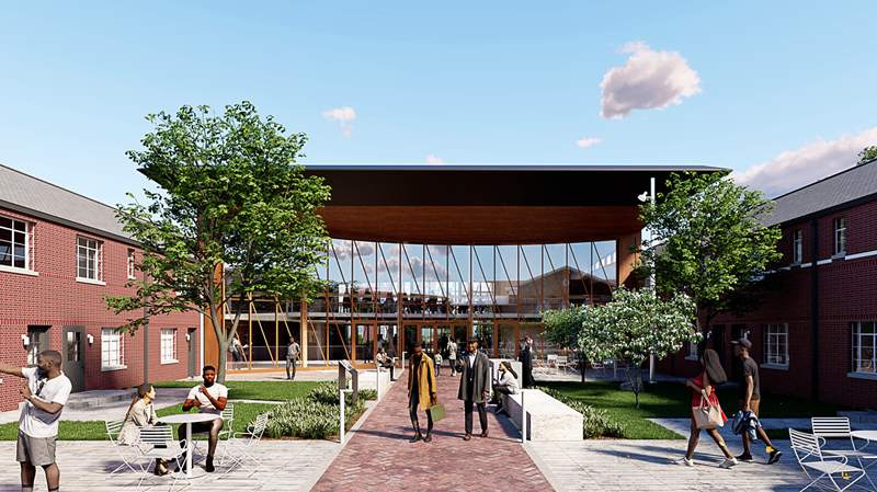 Exterior rendering of Poindexter Village featuring the brick alley.