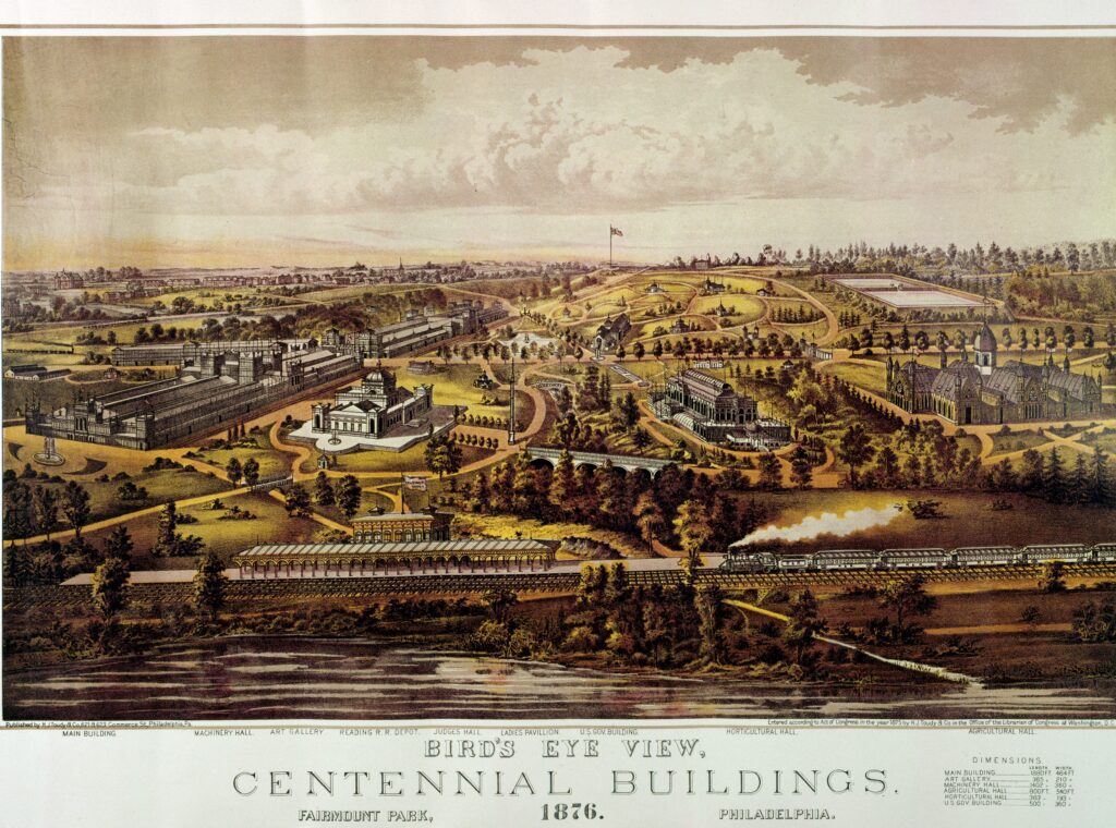 Color illustration depicting the grounds and buildings at the U.S. Centennial Exposition in Philadelphia, Pennsylvania, 1876