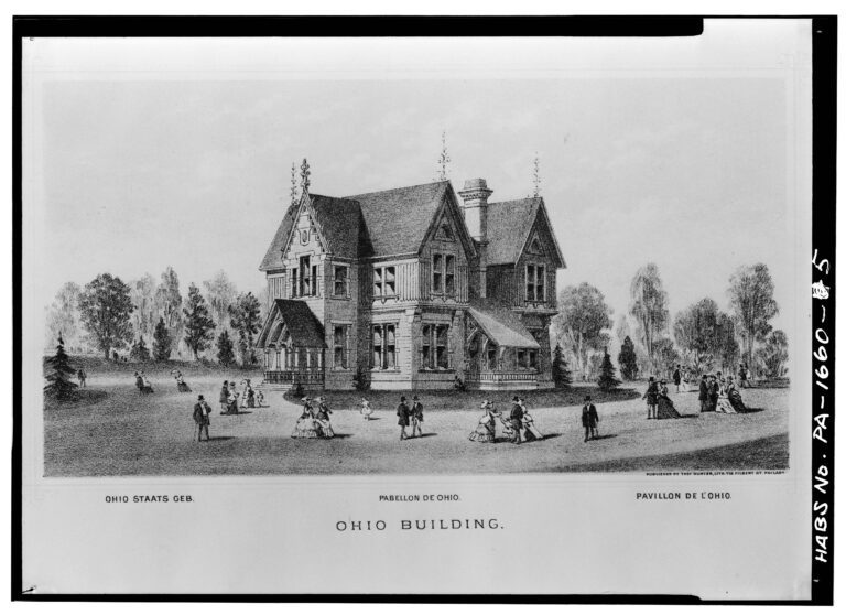 Black and white illustration of Ohio Building at Philadelphia Centennial Exposition, 1876