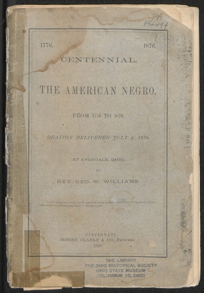 Cover of pamphlet transcribing oration delivered in Avondale, Ohio in 1876