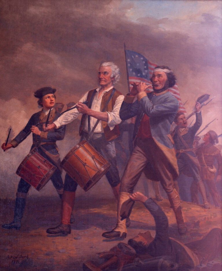 oil on canvas painting of a boy, an old man and an injured man playing instruments and marching on a battlefield