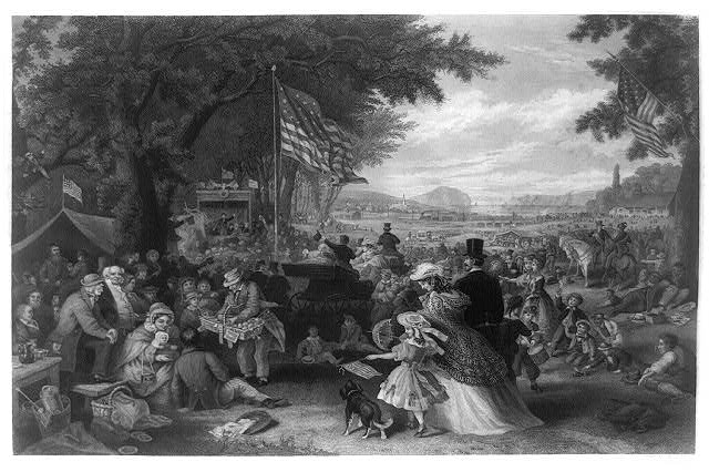 Black and white print of large gathering of people picnicking and playing games to celebrate July 4th. 