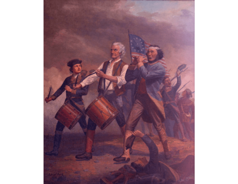 oil on canvas painting of a boy, an old man and an injured man playing instruments and marching on a battlefield