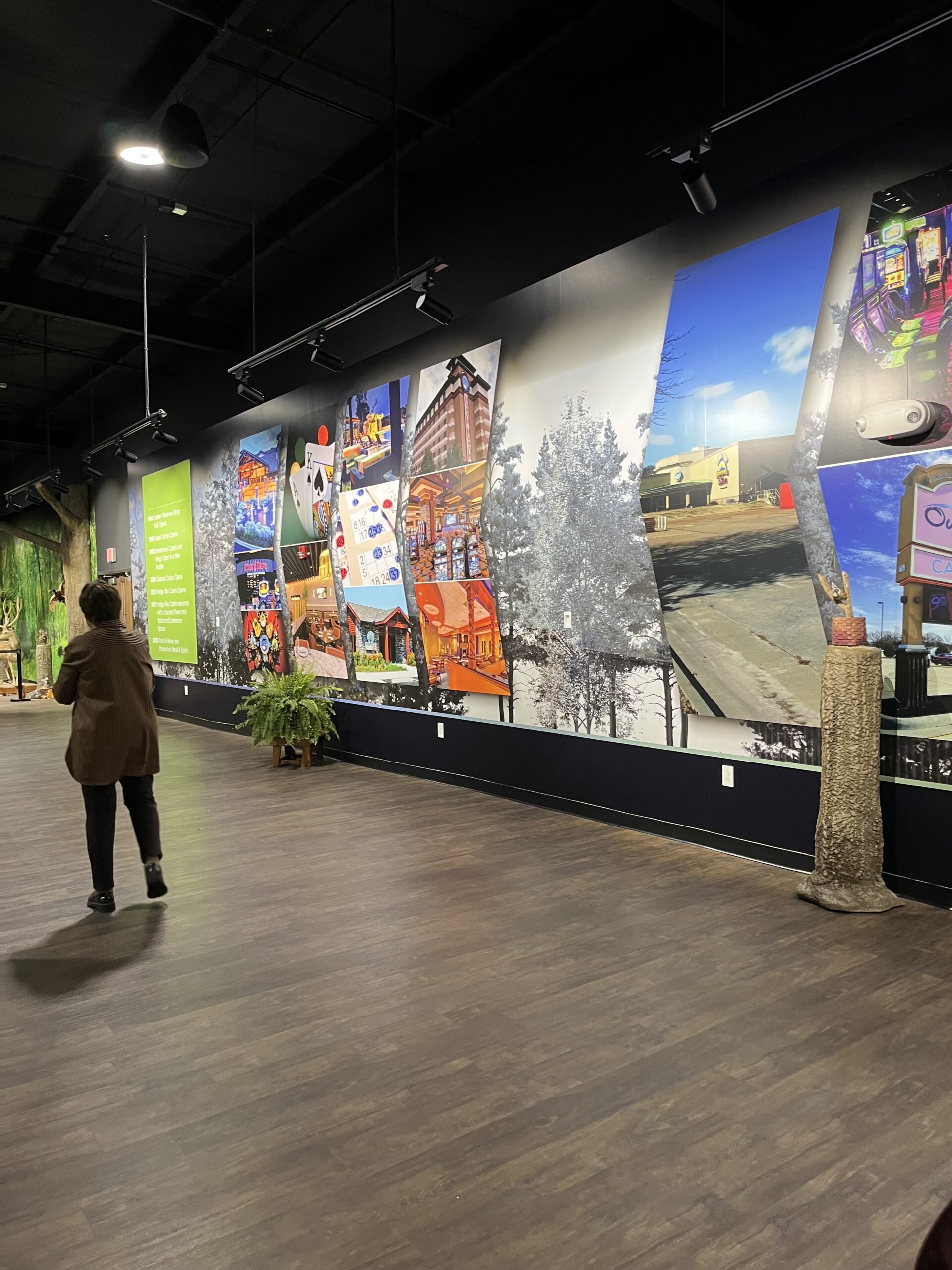 Chief Glenna Wallace of the Eastern Shawnee talking about a mural of the Tribe's recent history during a tour of the Treehouse Annex, a former Bingo hall made to look like a Shawnee Woodland.