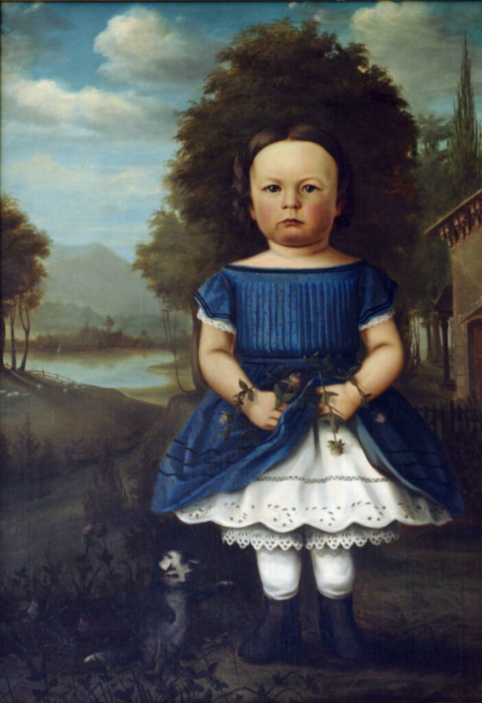 folk-art-style painting of a young girl in a blue dress with water and trees in the background