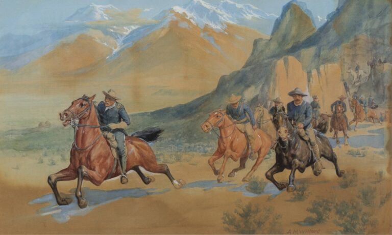 old men in military uniforms ride on horses across a western US landscape