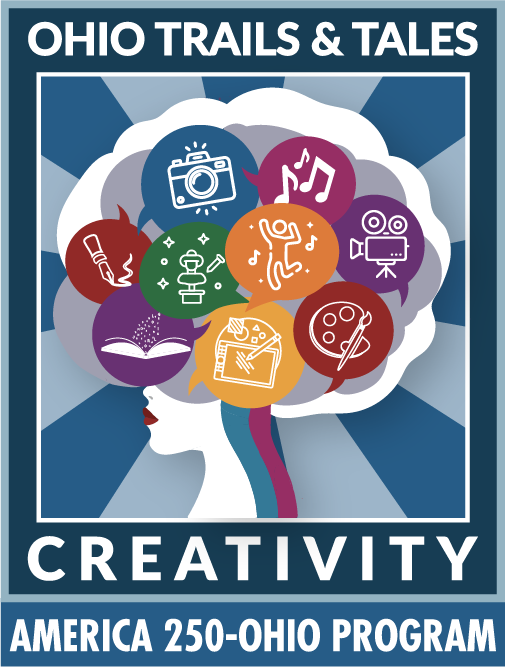 icon of a brain with text reading "Ohio Trails & Tales / Creativity / America 250-Ohio Program"