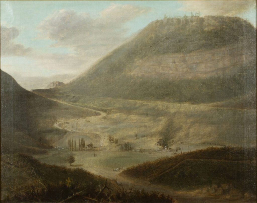 landscape painting of a river nestled between tall hills