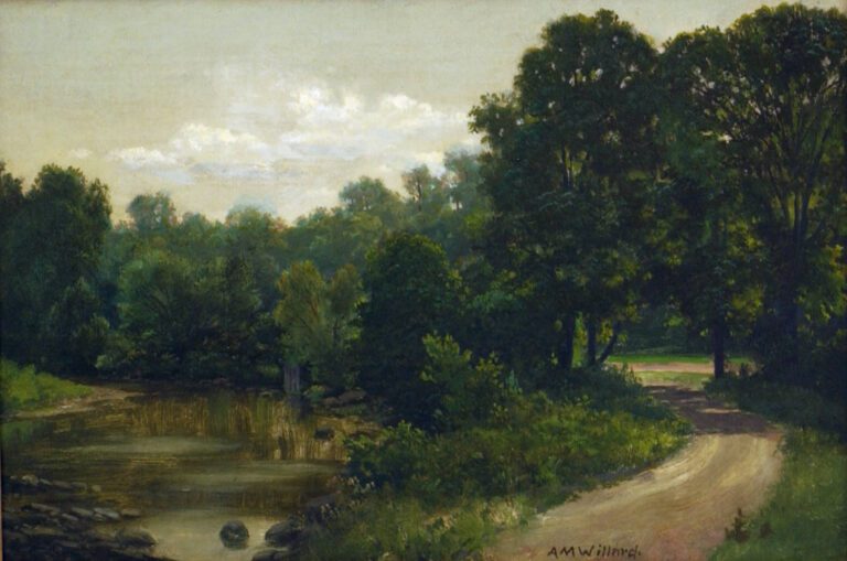 realistic landscape painting of a dirt road running through the trees by a river