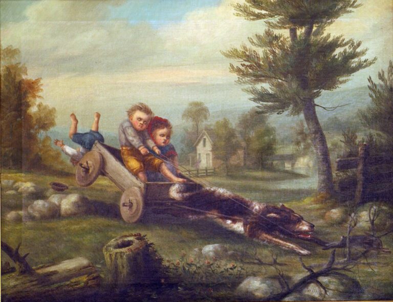 two children hang on for dear life to a wagon pulled by a dog while a third child topples out the back