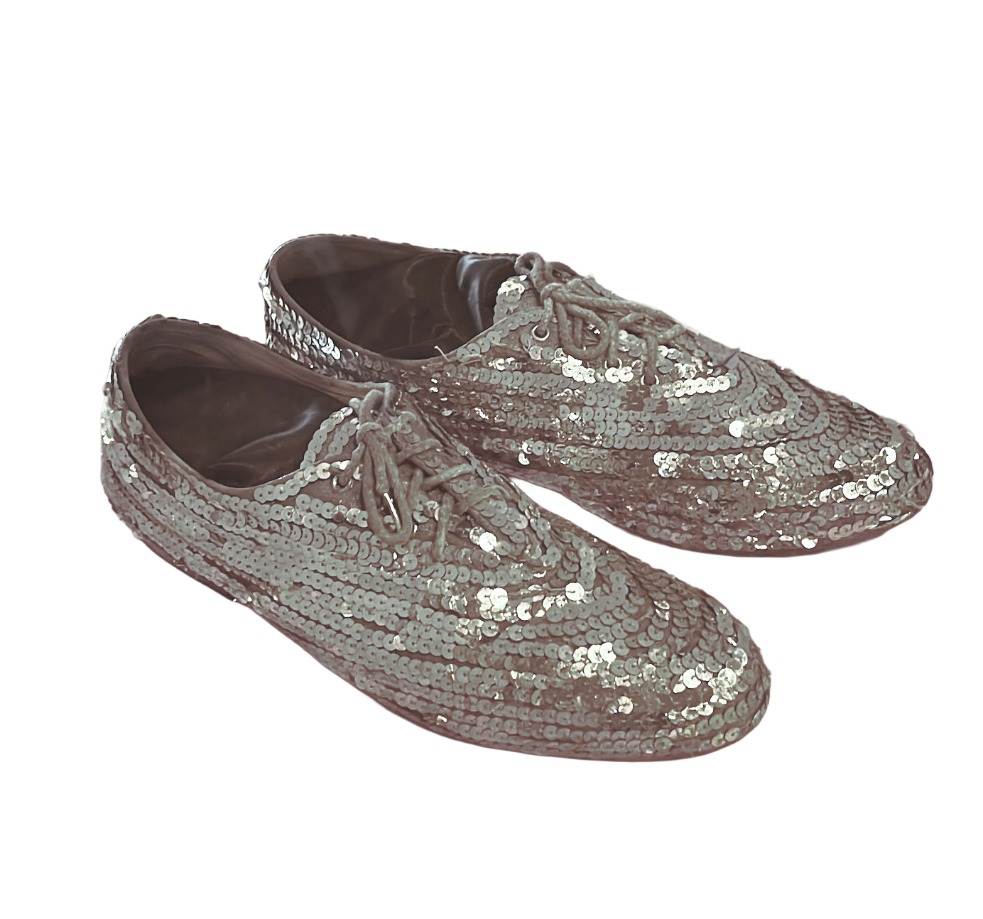 Photograph of a pair of canvas sneakers embellished with silver sequins. The image has been edited to remove background elements.