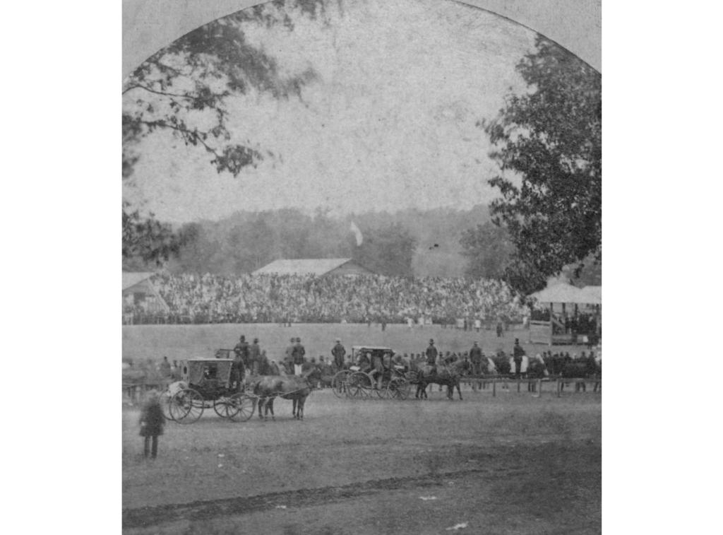 View of the grandstand at the Ohio State Fair in Zanesville, Ohio, September 21, 1859. Photographer J. Tresize was commissioned by the Fairs Fine Arts Committee to document the fair.